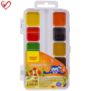 Краски 10 цветов акварель медовая "Енот в Красном море" пластиковая коробка (Мульти-Пульти)