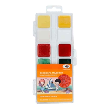 Краски 12 цветов акварель медовая "Оранжевое солнце" пластиковая коробка (6 перламутр+6класс)(Гамма)
