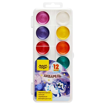 Краски 12 цветов акварель медовая "Енот в сказке" пластиковая коробка (8 перл + золо (Мульти-Пульти)