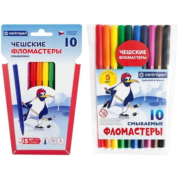 Фломастеры 10 цветов "Пингвины" смываемые (Centropen)