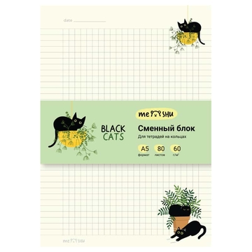 Сменный блок для тетрадей на кольцах А5 80л. Black Cats (Meshu)