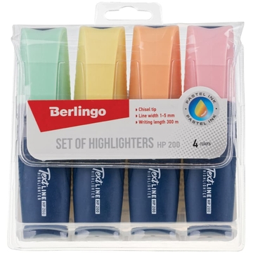 Набор маркеров выделителей текста в пласт. пенале 4 цвета пастельные цвета (Berlingo)