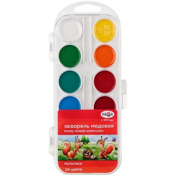 Краски 24 цвета акварель медовая "Мультики" пластиковая коробка без кисти (Гамма)