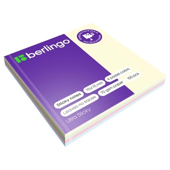 Бумага с лип. слоем 75*75мм Berlingo Ultra Sticky радуга 4 цвета пастель 100л.