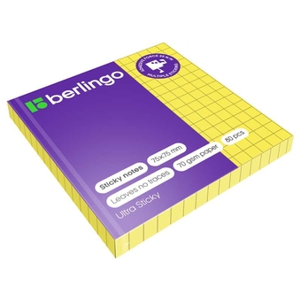 Бумага с лип.слоем 75*75мм Berlingo Ultra Sticky цвет желтый неон в клетку 80л.