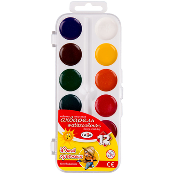 Краски 12 цветов акварель медовая "Юный художник" пластиковая коробка (Гамма)